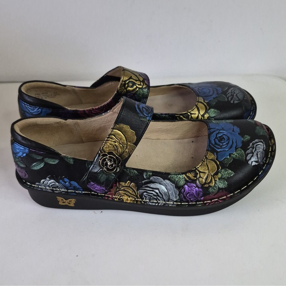 Alegria Black Floral Leather Mary Jane Flats Round Toe Button Womens Size 12 - Picture 5 of 7